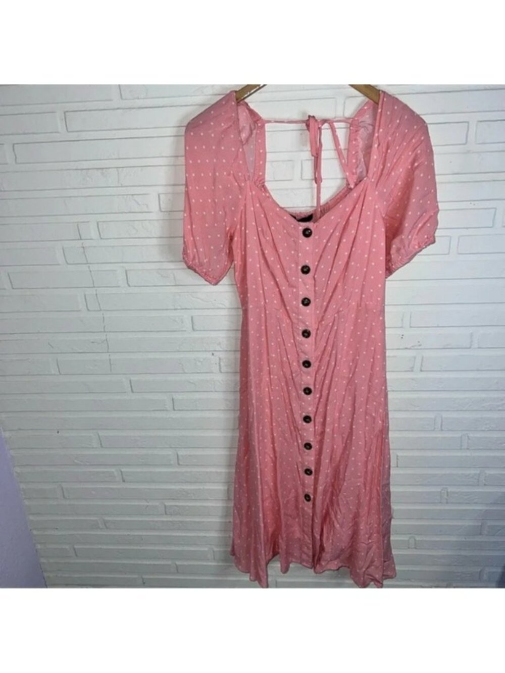 Gibson Pink White Polka Dot Puffed Short Sleeve Midi Smocked Dress, Size Small